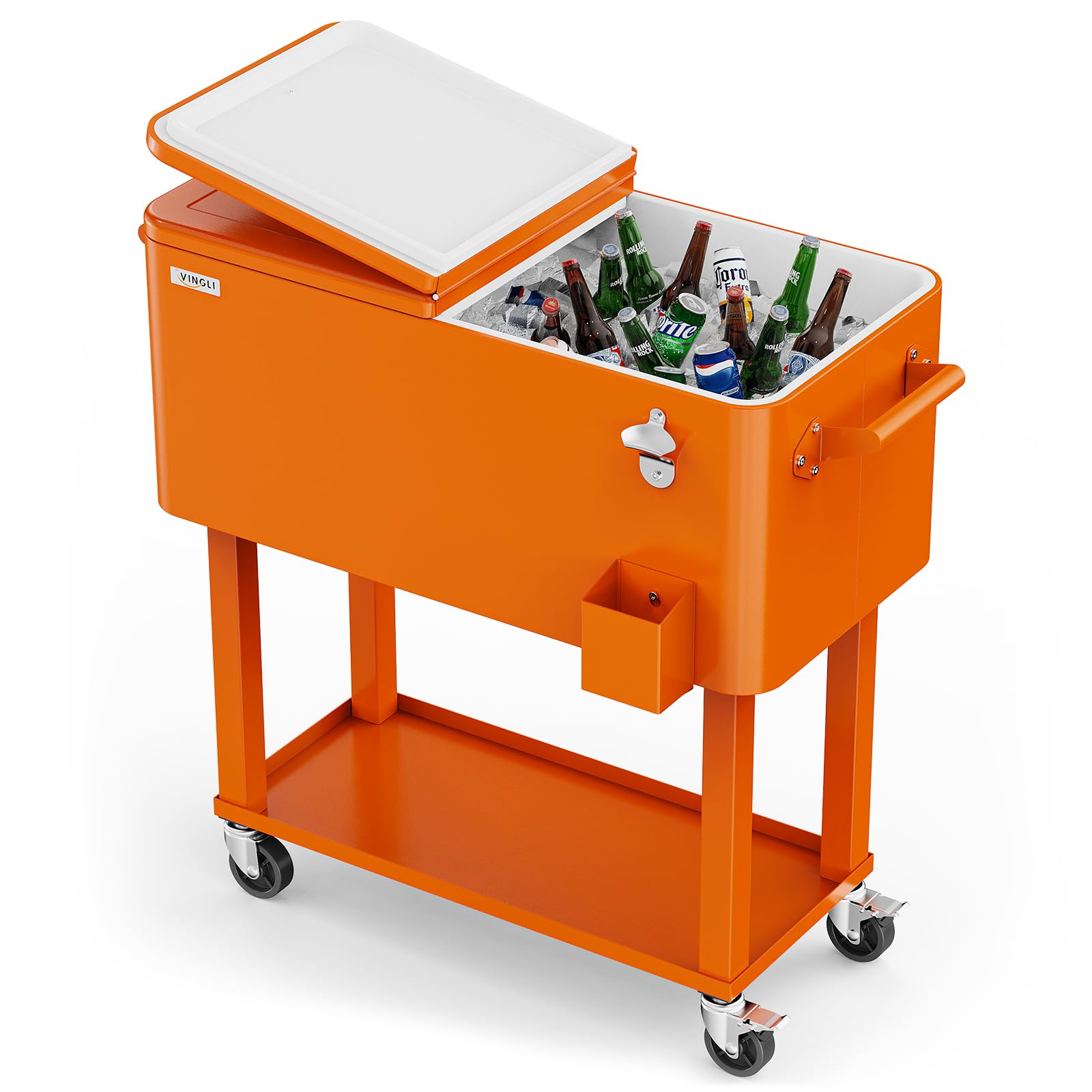 VINGLI 80 Quart Rolling Ice Chest, Portable Patio Party Bar Drink Cooler Cart, with Shelf, Beverage Pool with Bottle Opener