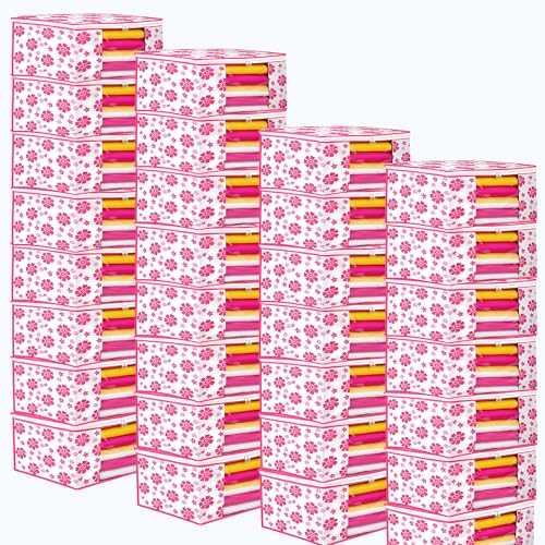 Image of Flower Printed Saree Covers for Cloth Storage & Wardrobe | Transparent Window, Zipper Closure | Pink-White | Pack of 30 | Dustproof Breathable Storage Bag for Travel & Home Use