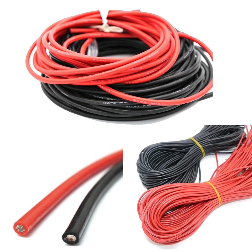 Kabel ochronny Przewód miedziany cynowany falownik, 2/8/10/12/14/16/18/20/22/24AWG, Super miękki odporny na ciepło przewód z gumy silikonowej do baterii przewód uziemiający (kolor: czerwony i czarny 5