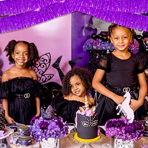 Image of 6 Pack 10 Feet Foil Fringe Garland Metallic Tinsel Streamers Banner Wall Hanging Curtain Backdrop Banner for Parade Floats, Thanksgiving, Christmas, Birthday, Halloween Party Decorations(Purple)