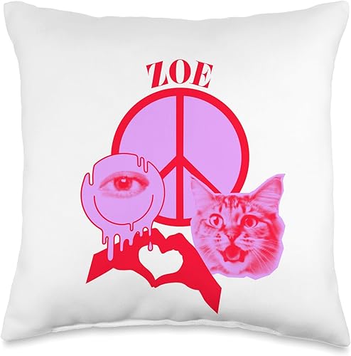 Personalized Zoe First Name I Love Retro Cat Mom Throw Pillow, 16x16, Multicolor