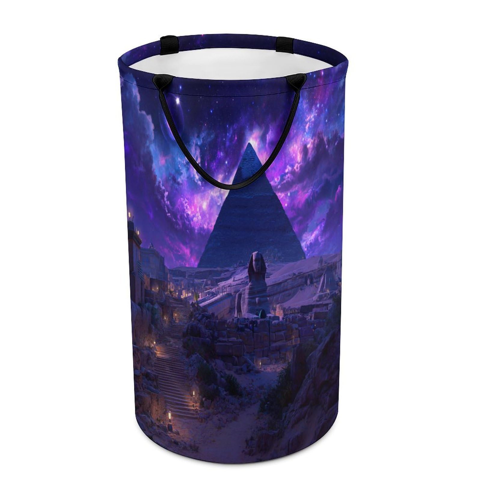 LUYYSKY Vintage Fantasy Pyramid Egypt Versatile Storage Laundry Basket, Retro Oil Painting Starry Sky Galaxy Planet Egyptian Large Bathroom Laundry Hamper With Handle-40 CM Dia, 69 CM High