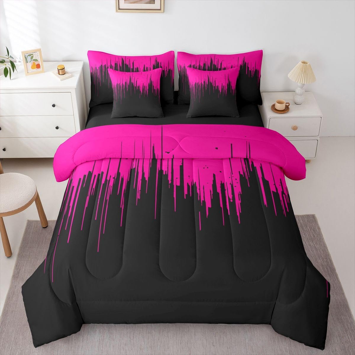 Feelyou 7 Piece Hot Pink Black Comforter Sets Abstract Bed in A Bag for Boys Teen Kids,Modern Art Geometric Queen Size Bedding Sets Luxury Comforter Microfiber Bed Set for All Season Home Decor