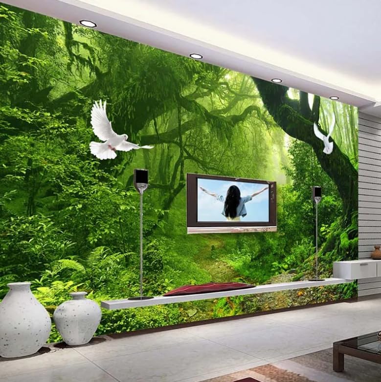 Papier peint forêt verte grand arbre 3D pour illuminer un salon sombre