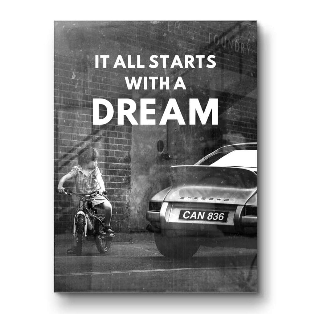 PERSONALISIERBARES Porsche Poster mit WUNSCHKENNZEICHEN | It all starts with a dream | Motivationsbilder | Porsche 911 Poster Auto Bild | Wandbild Büro Deko Office Garage Geschenk Männer Werkstatt