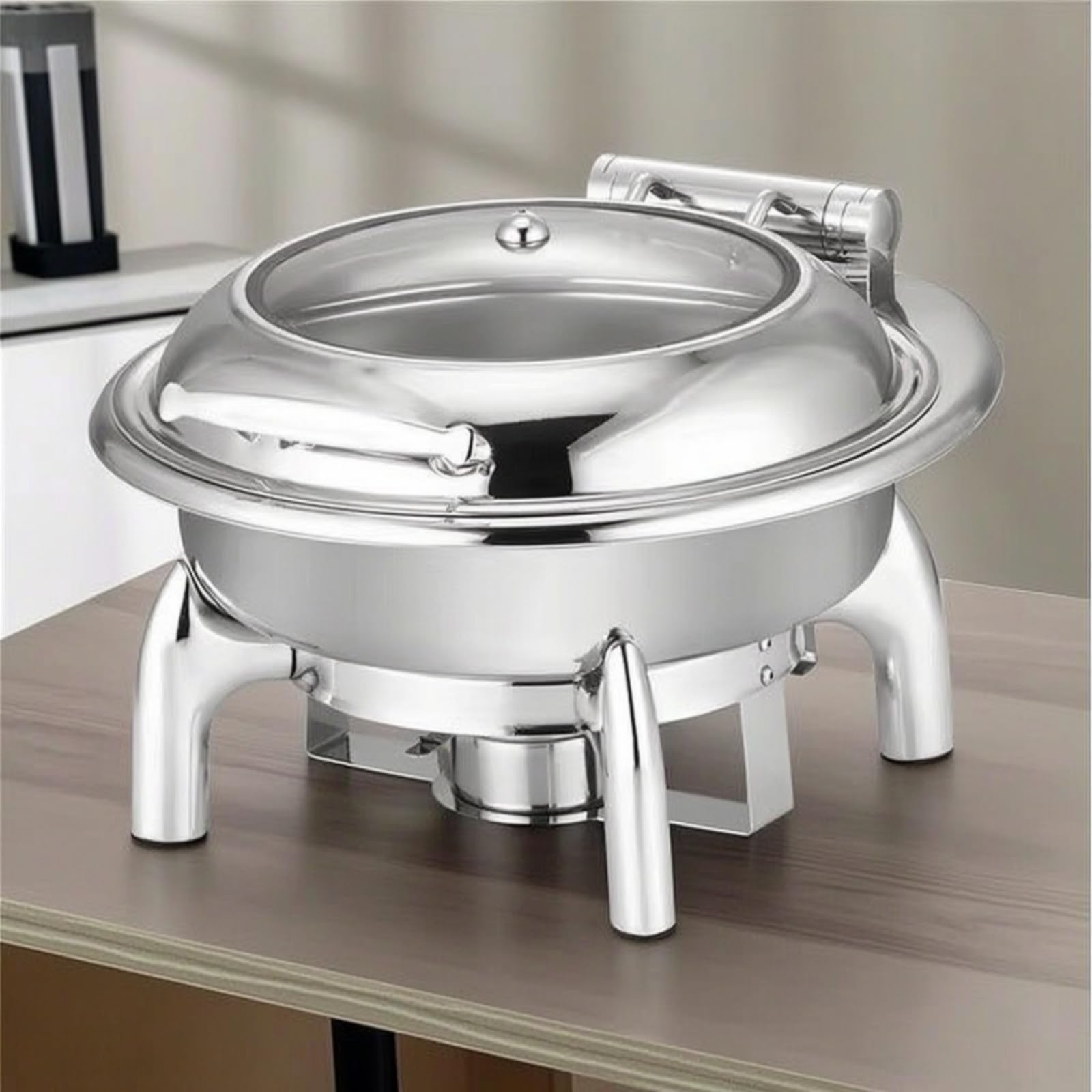 predolo Scaldavivande con Coperchio in Vetro Professionale Scaldavivande in Acciaio Inox da Tavolo Chafing Dish per Catering, Rotondo, Con Telaio Di Lusso Riscaldamento Elettrico, Scomparto Singolo