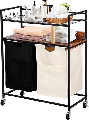 Cesta de lavandería de 100 litros, cesta de lavandería doble con 2 bolsas enrollables, organizador clasificador de lavandería resistente e