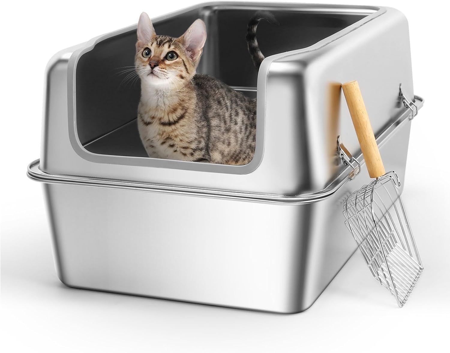 All Stainless Steel Cat Litter Box, GISOFIK Extra Large Litter Box 23.6x15.8x12.6 (Height), Metal Cat Litter Box with High Side, Non-Sticky No Smell Cat Litter Pan for Big & Multiple Cats(Scoop)