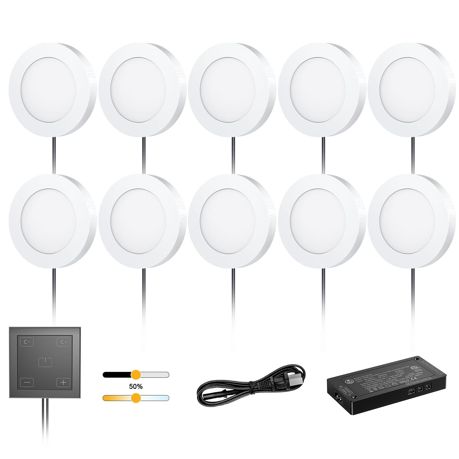 VST Under Cabinet Lights CCT 3000K-6000K, Puck Lights Color Temperature and Brightness Adjustable with Touch Switch and ETL Listed Led Driver, Plug in Led Light for Kitchen Under Cabinet 10pack