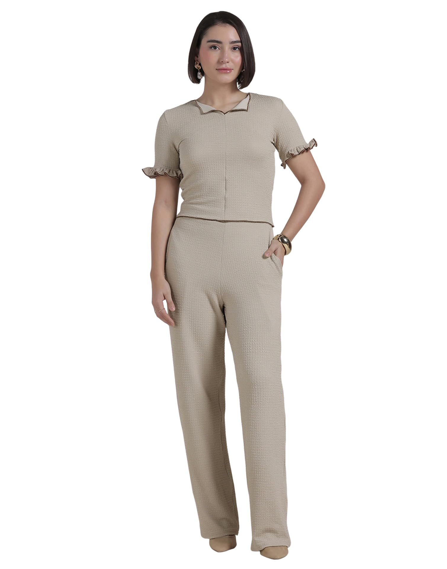 selvia Beige Lycra Textured Co-ord Set for Women, Top and Trouser Pant-picture-60