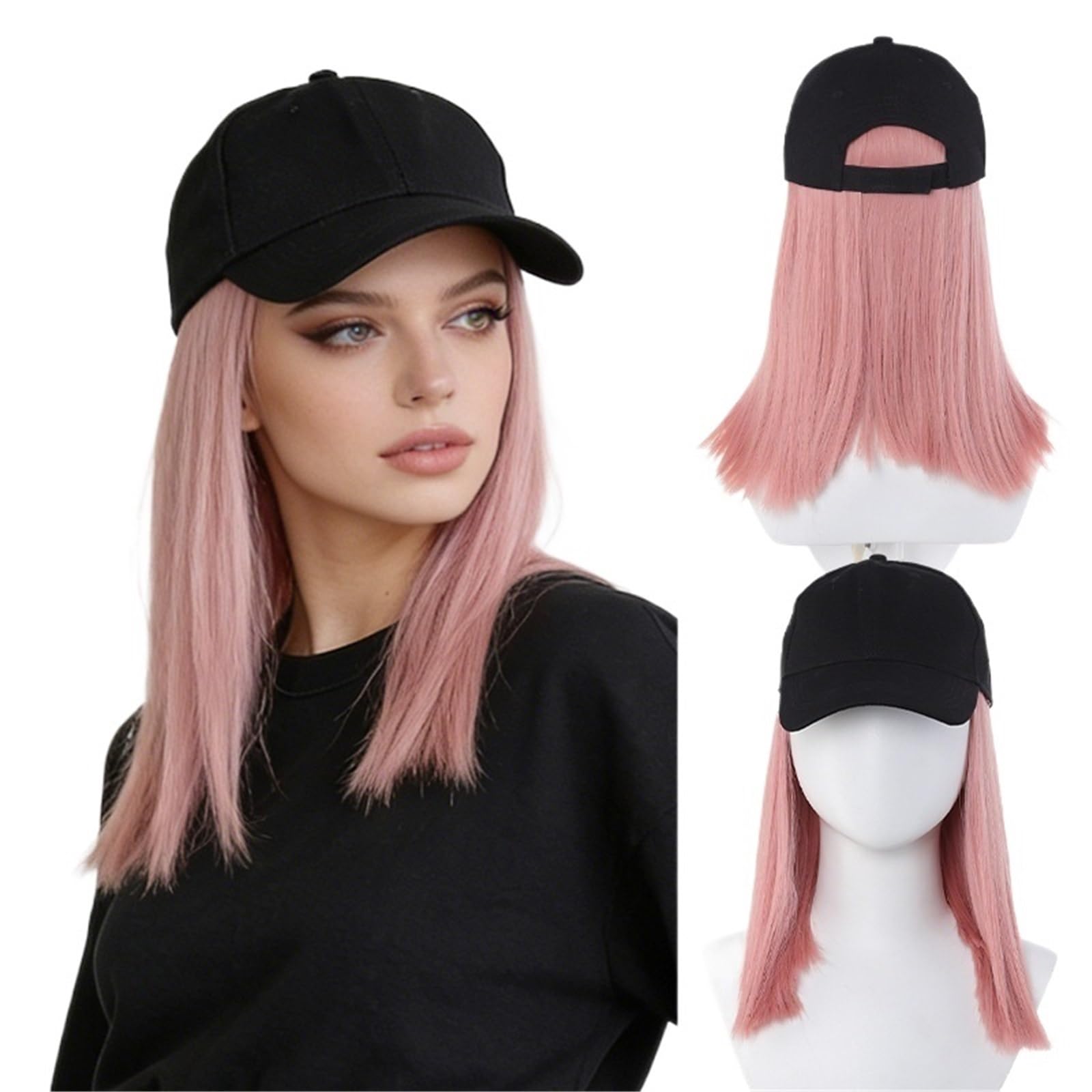 Libangrong-888 Women's Pink Wigs Hat Wig Integrated Mid To Long Hair Full Head Cover Natural Wig(Pink)
