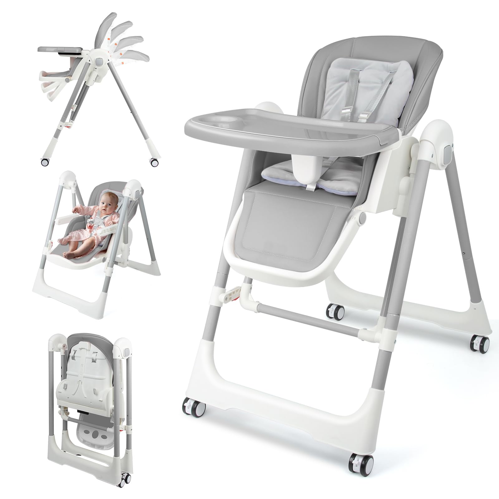 High Chairs for Babies and Toddlers Foldable High Chair Adjustable with Reclining Seat & Leg Rest, 3-in-1 Convertible Baby Swings with Tool-Free Assembly (Grey)