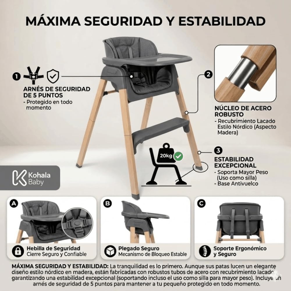 DEVESSPORT Trona 2 en 1 Plegable y Evolutiva (6 a 60 Meses) - Silla Alta Convertible con Montaje Sin Herramientas, Bandeja Extraíble, Cojín Lavable y Estructura de Acero Lacado - Gris