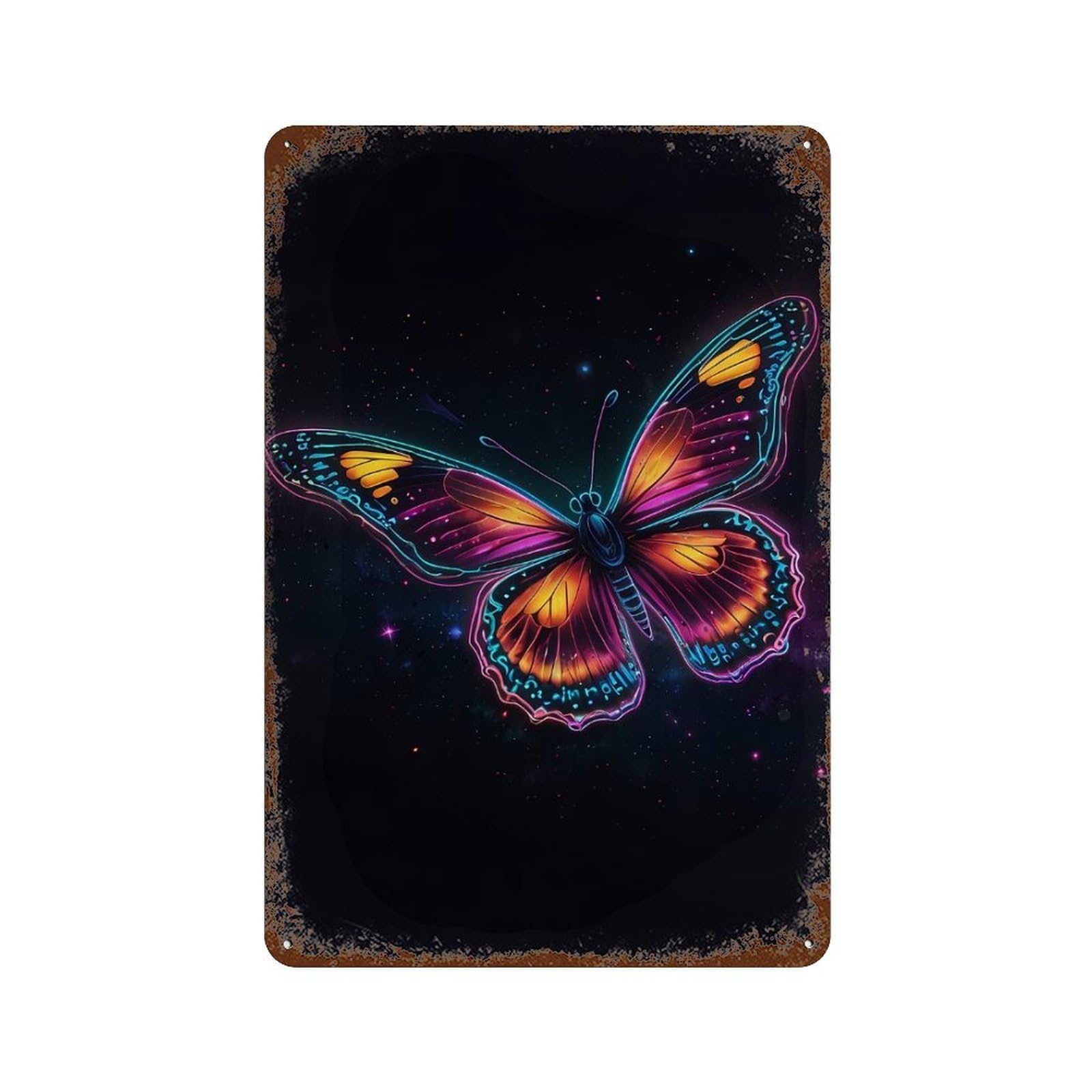 Neon Butterfly in Space 11.8"x7.9" Distressed Metal Wall Sign, Retro Wall Decor for Garage, Bar And Workshop Decor