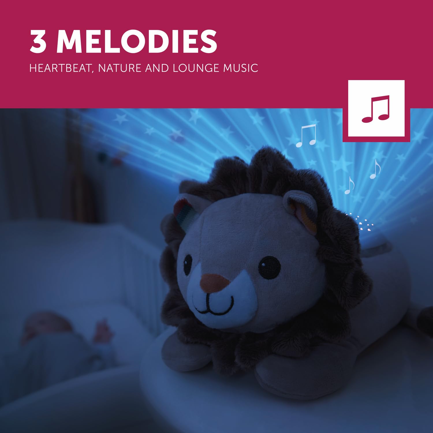 ZAZU Projektor Leo The Lion, projektor światła dla niemowląt z kojącymi melodiami (dźwięk bicia serca, dźwięki natury lub muzyka wypoczynkowa), czujnik płaczu, automatyczne wyłączanie, nadaje się do