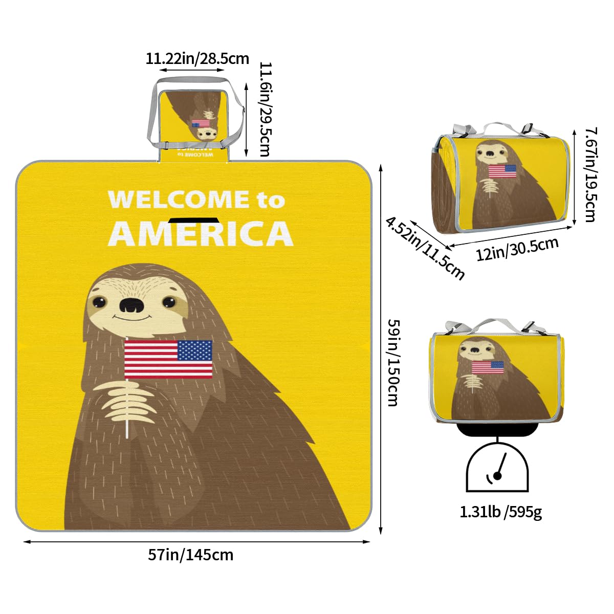 Shimoshe Picnic Blankets 57”x 59”, American Flag Sloth Waterproof Sandproof Picnic Mat Lightweight Foldable Beach Blanket for Camping Park Grass Beach Outdoor Blanket