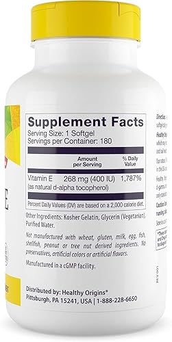 Vista 3 de Healthy Origins Vitamina E, 400 UI con tocoferoles mixtos de origen natural, suplemento de vitamina E, sin OMG y sin gluten, vitamina para la piel
