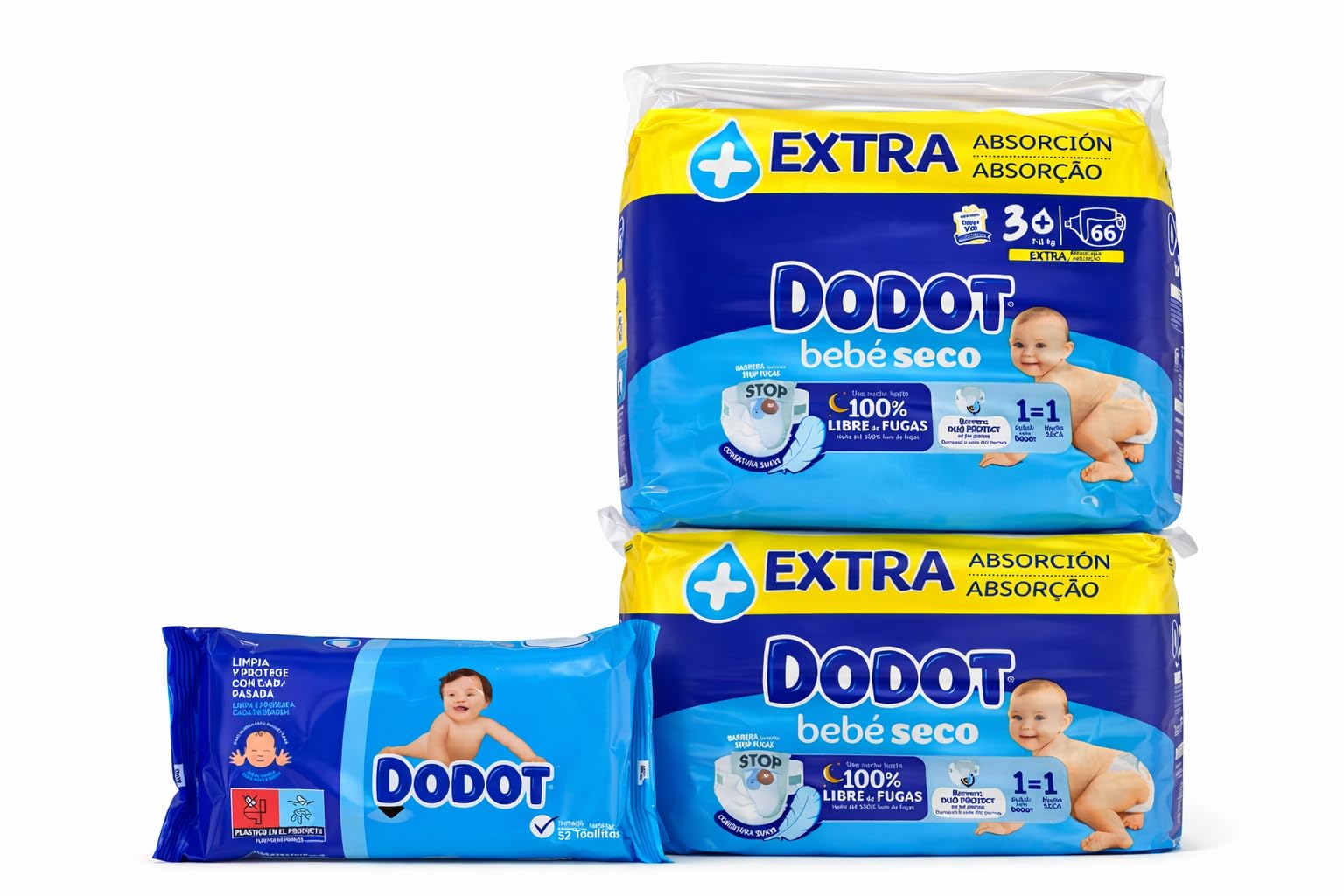 Dodot Bebé Seco Extra - Pack 2 Talla 3-66 uds. + Toalhitas 52 Uni.