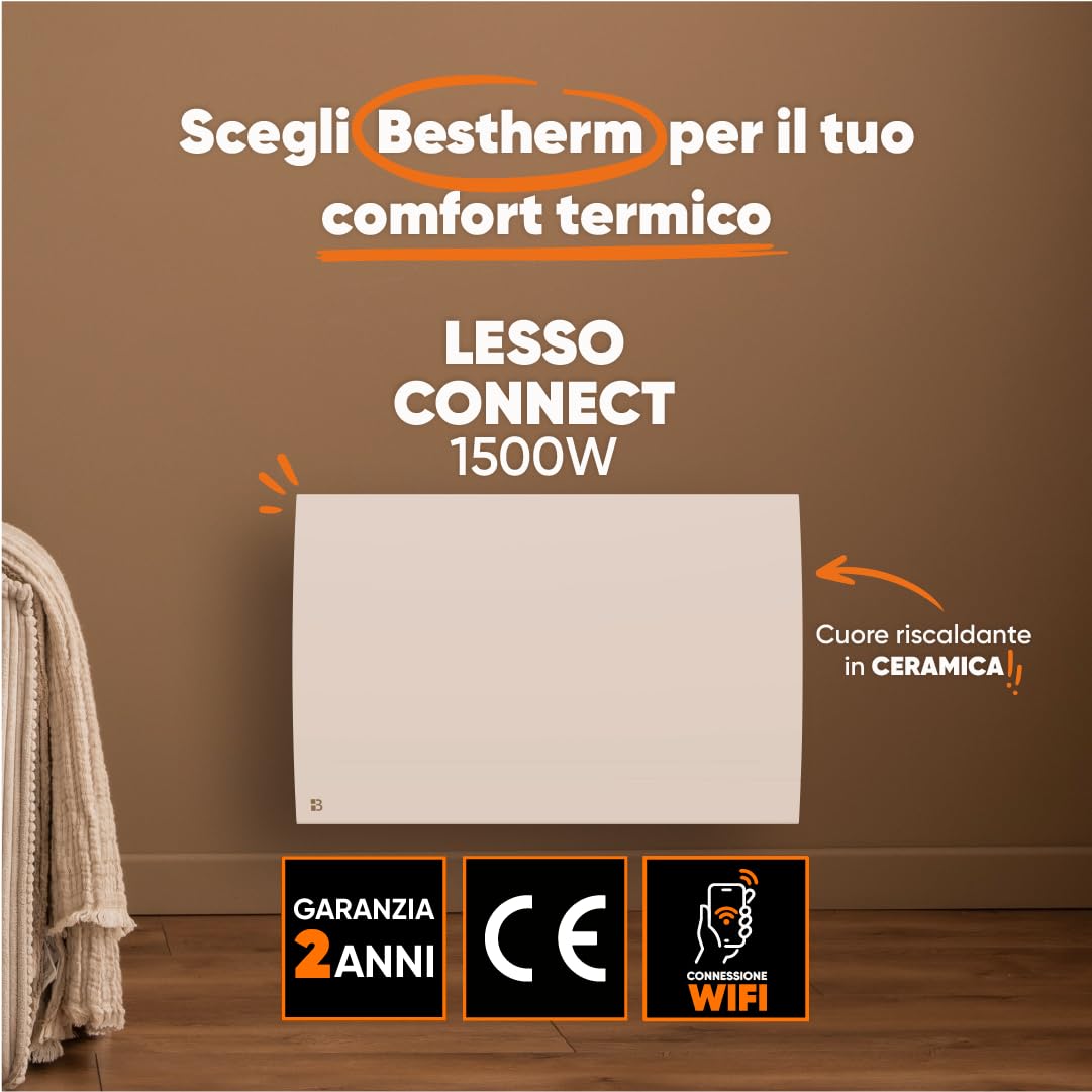 BESTHERM - Radiatore elettrico fisso collegato WIFI inerzia secca ceramica 1500W Bestherm LESSO CONNECT orizzontale bianco