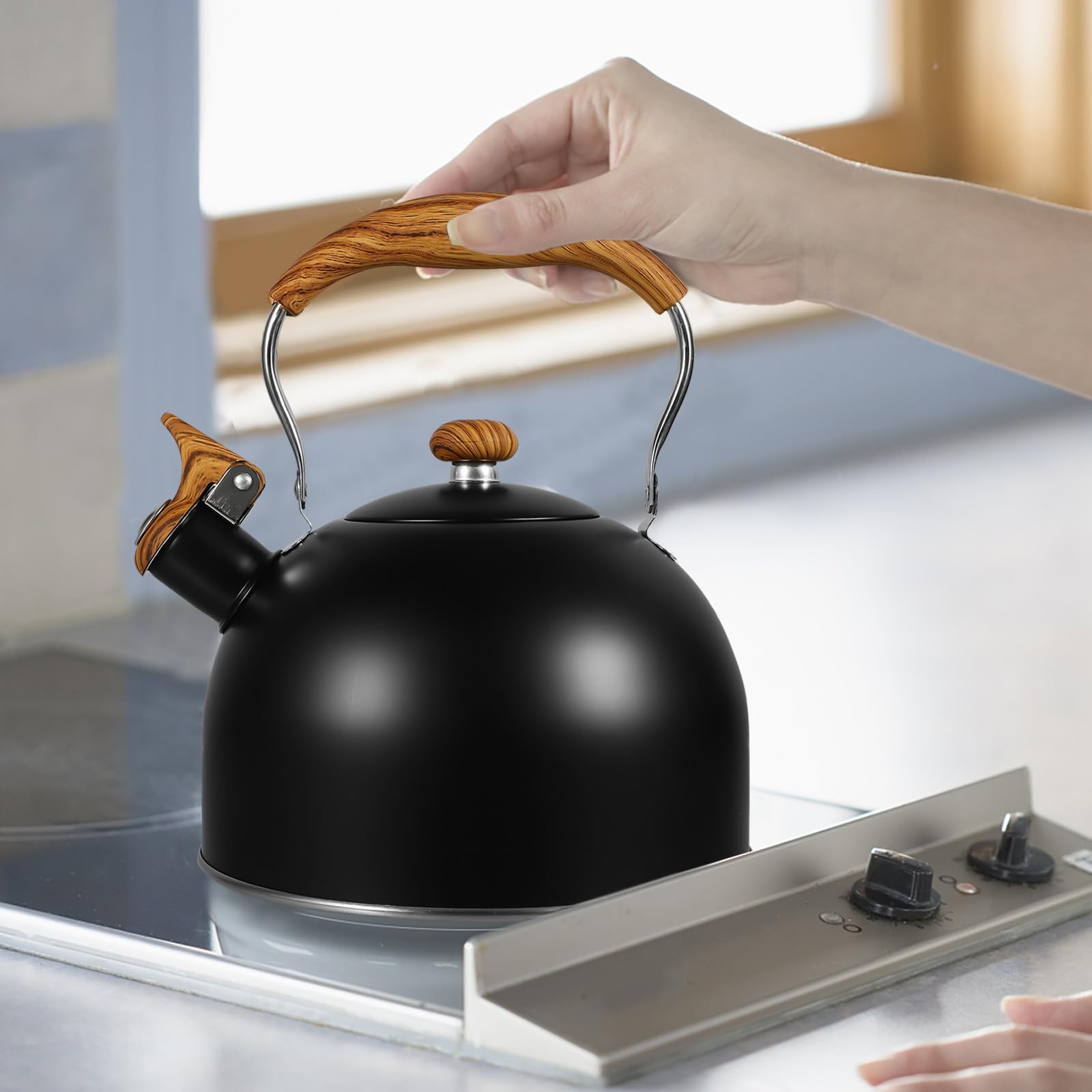 Operitacx Bollitore per Conservazione Energia da 2,5l per Tè in Acciaio Inossidabile Manico in Legno e Fischio Automatico e Uso in Cucina
