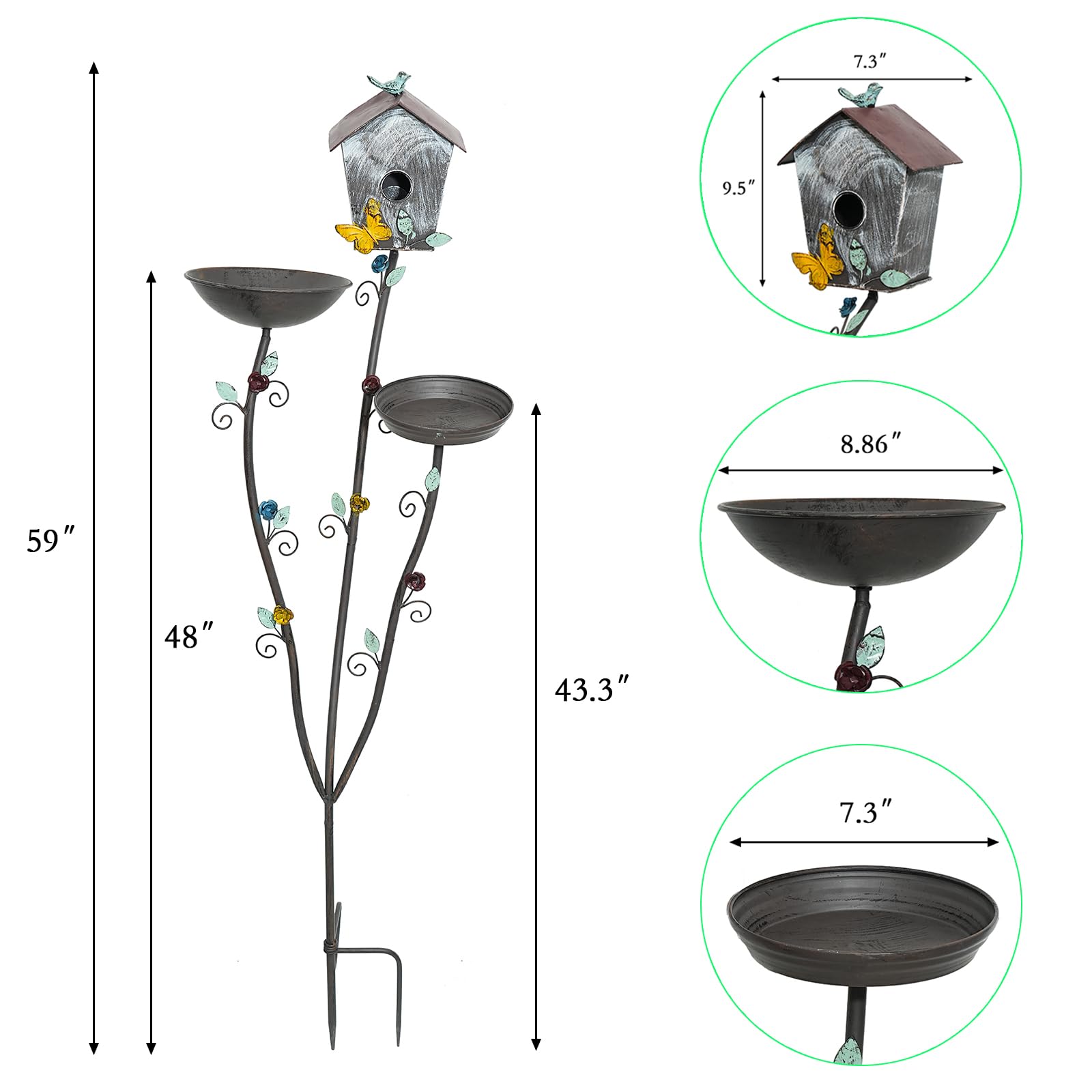 Baños para pájaros para exteriores, cuenco de baño mejorado para pájaros, casa de pájaros y bandejas de comedero de pájaros, diseño 3 en 1, baño de metal para decoración de jardín y patio