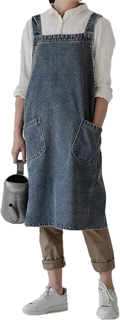 Pincy Unisex Denim Apron No-ties - Cross Back Apron with Pockets for Cooking Kitchens