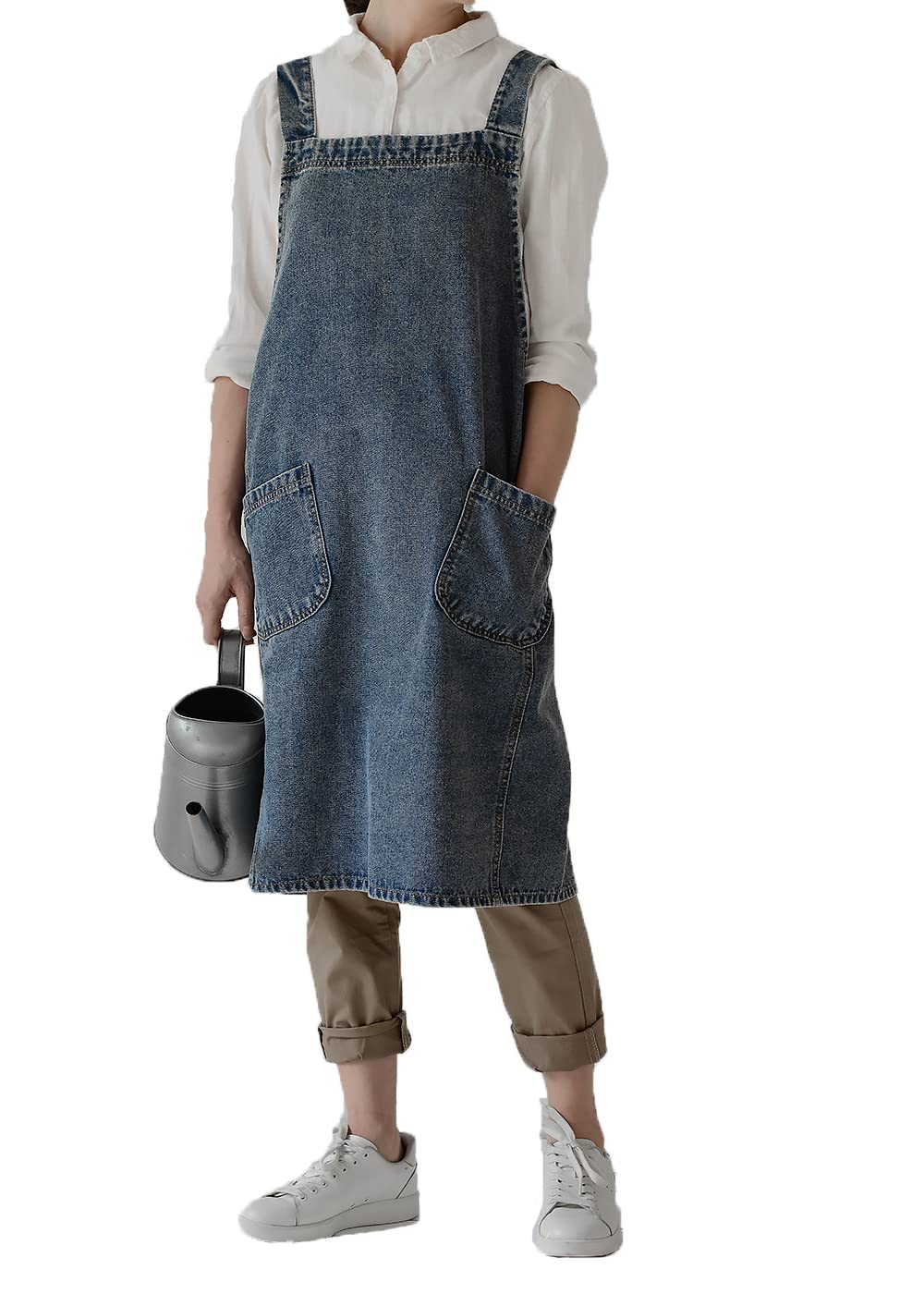 Delantal de mezclilla de algodón suave, delantal unisex ajustable con 5 bolsillos, perfecto para cocinas