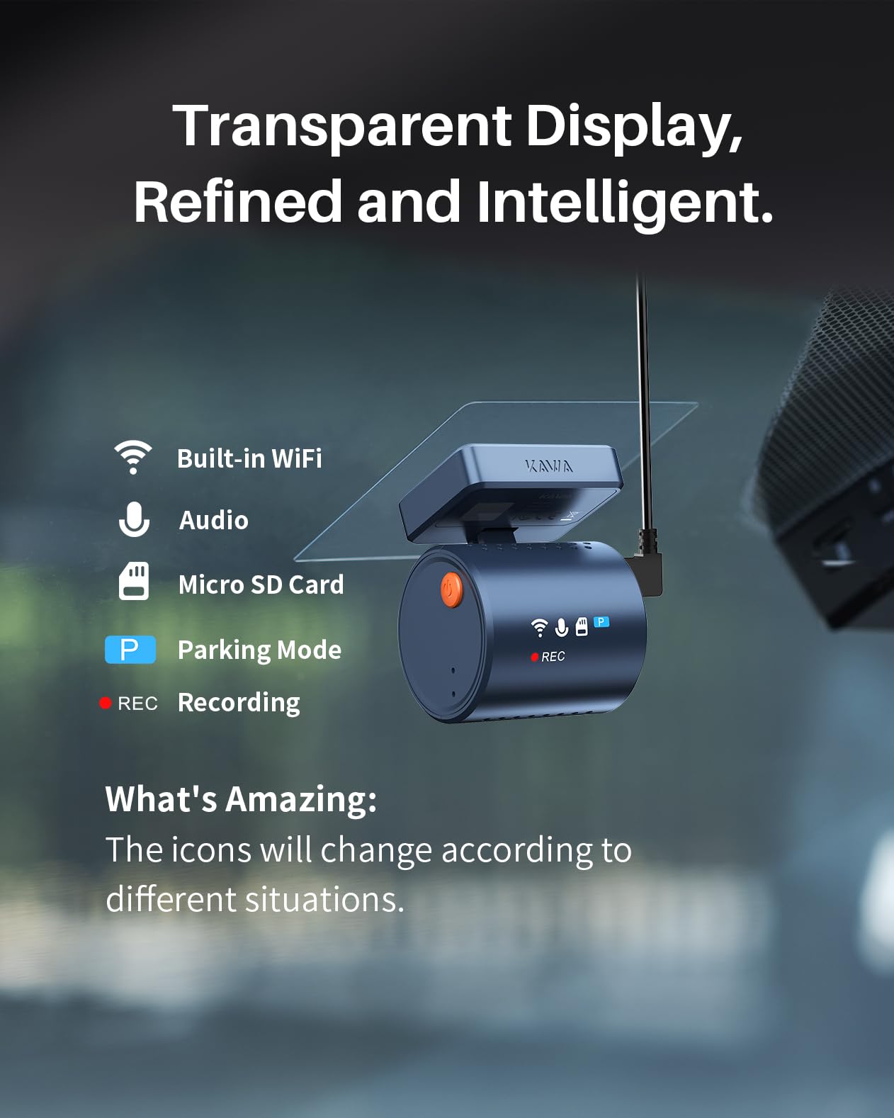KAWA Dash Cam Auto - Display Trasparente con Controllo Vocale, 2K1296P Piccola Telecamera,Visione Notturna, 145° FOV, Supercondensatore, Include SD 32GB, Sensore G, Controllo App