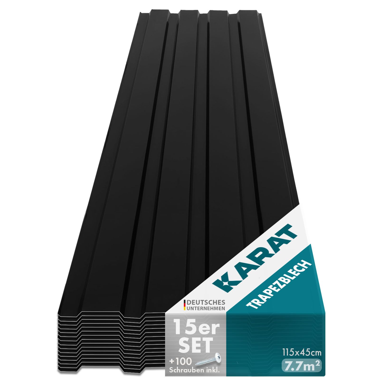 KARAT - 15 piezas de chapa trapezoidal de 115 x 45 cm - Juego de perfilada con tornillos - 7,7 m² - Grosor 0,25 mm - Chapa de techo de acero - Revestimiento de pared (Negro)