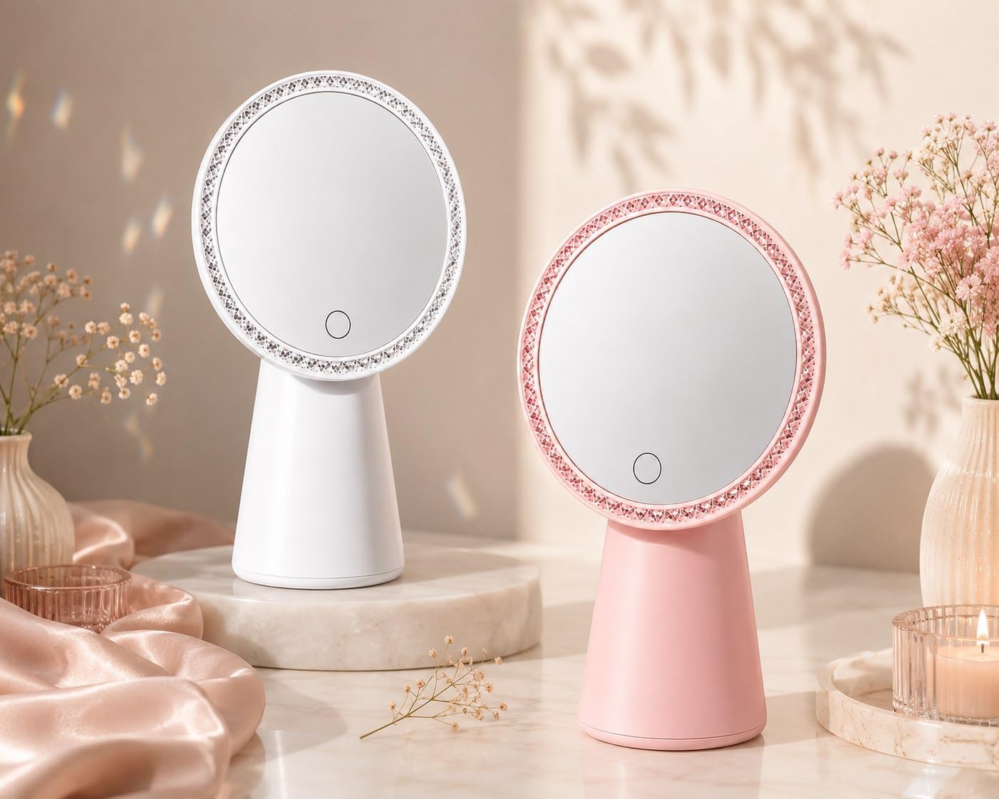 LED Vanity Makeup Mirror with Crystal Embellished Frame, Round, Touch Control, White and Pink-image-26