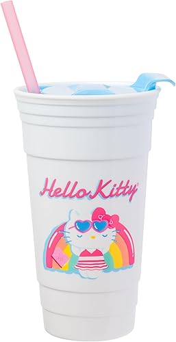 Silver Buffalo Sanrio Hello Kitty Summer Rainbow Floatie - Vaso de plástico con tapa y pajita, 32 onzas disponible en Yaxa Mexico