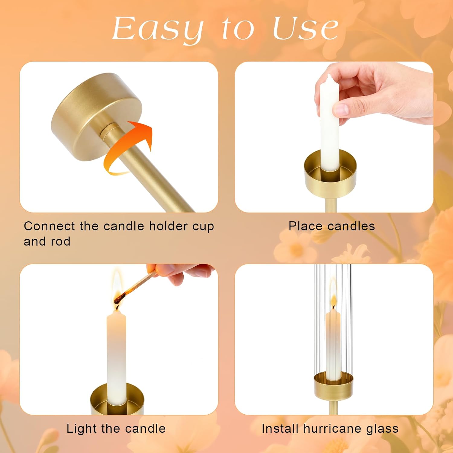 Ninonly Hurricane Candle Holders Set of 3, Tall Brass Candlestick Holders Metal Glass Candle Stands for Wedding Christmas Party Home Table Centerpiece Decorations