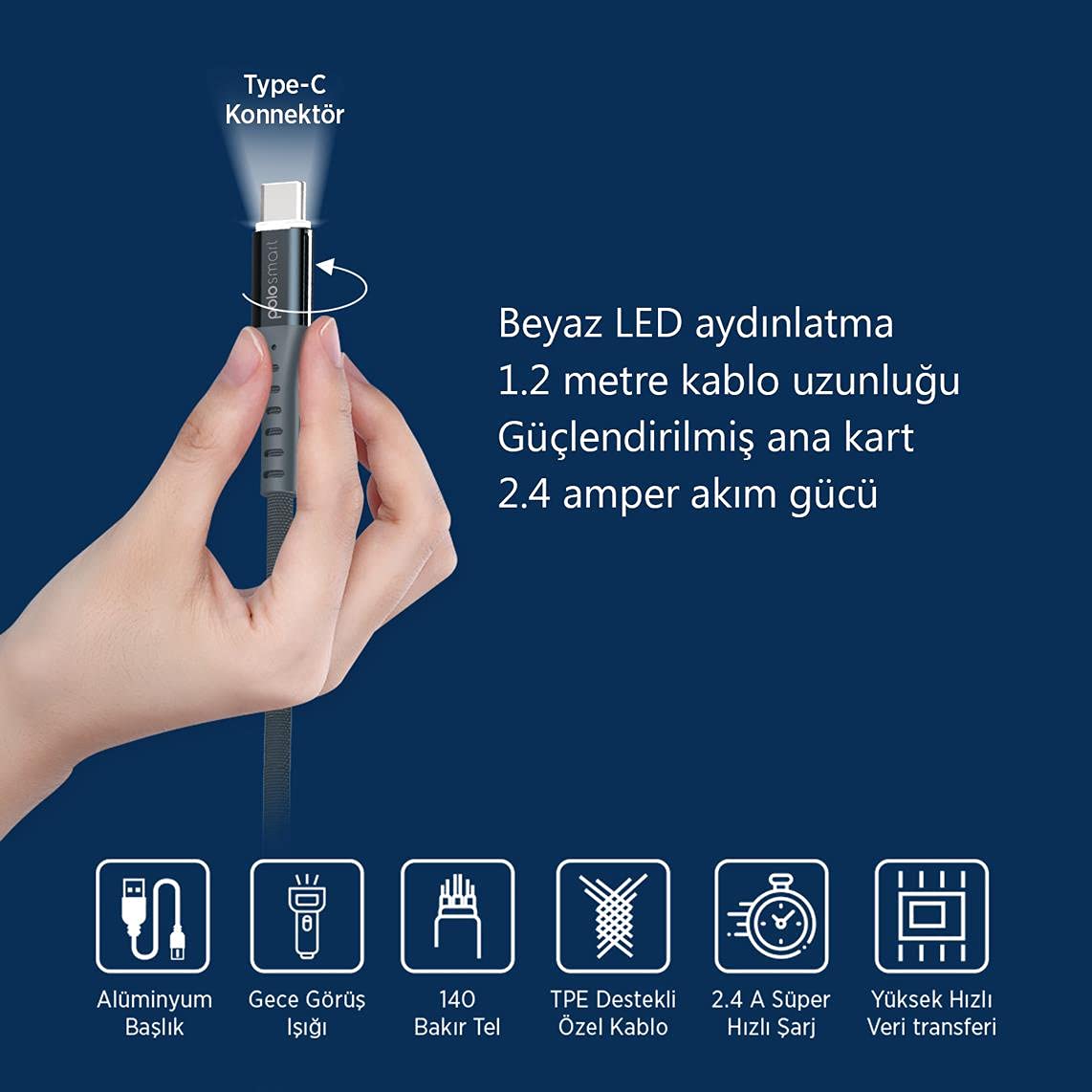 Polosmart PSM26 1.2 Metre Type-C (Android ve Diğer) Led Aydınlatmalı Şarj Ve Data Kablosu Siyah