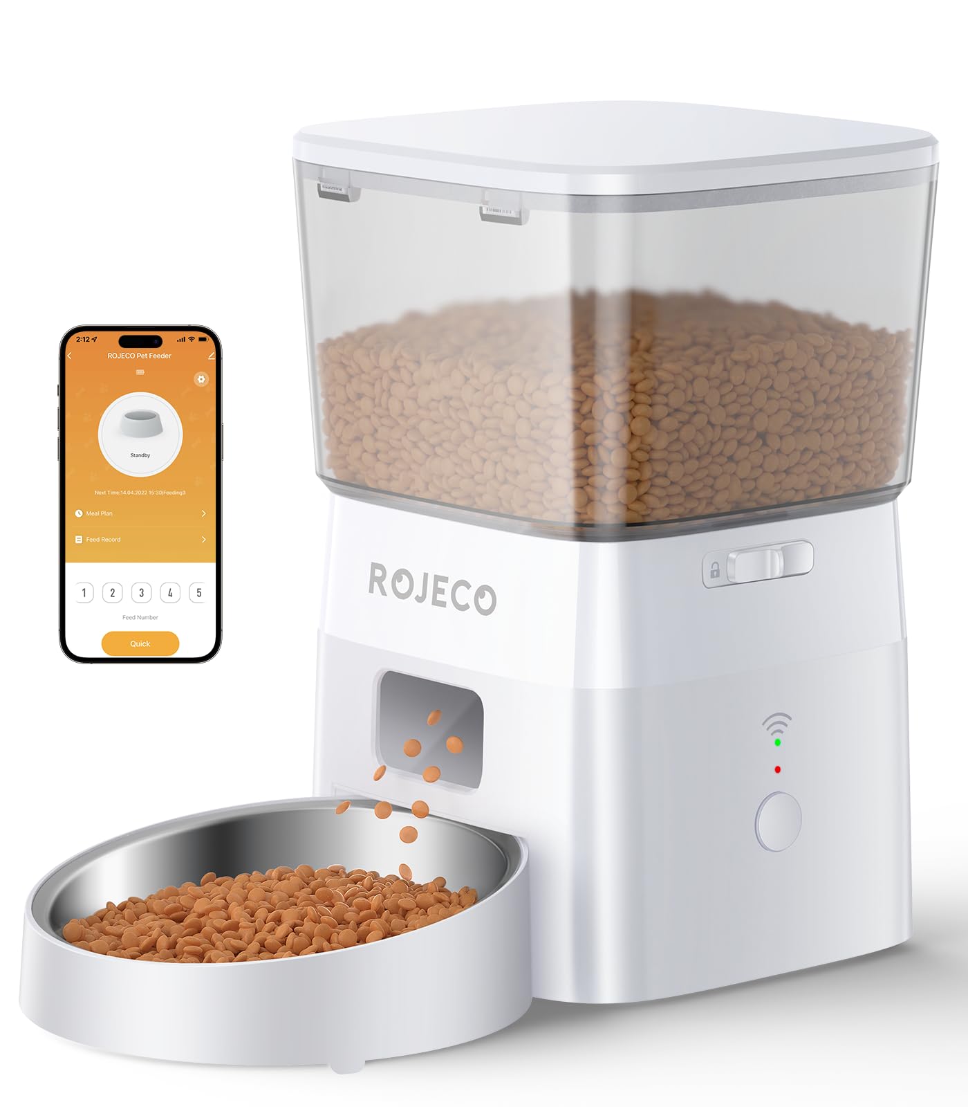 ROJECO Comedero automático para gatos, 2,4 G, control por aplicación WiFi, alimentación doble con bandeja de acero inoxidable, tiempo y porciones programables, 10 comidas, 1 a 20 porciones por comida