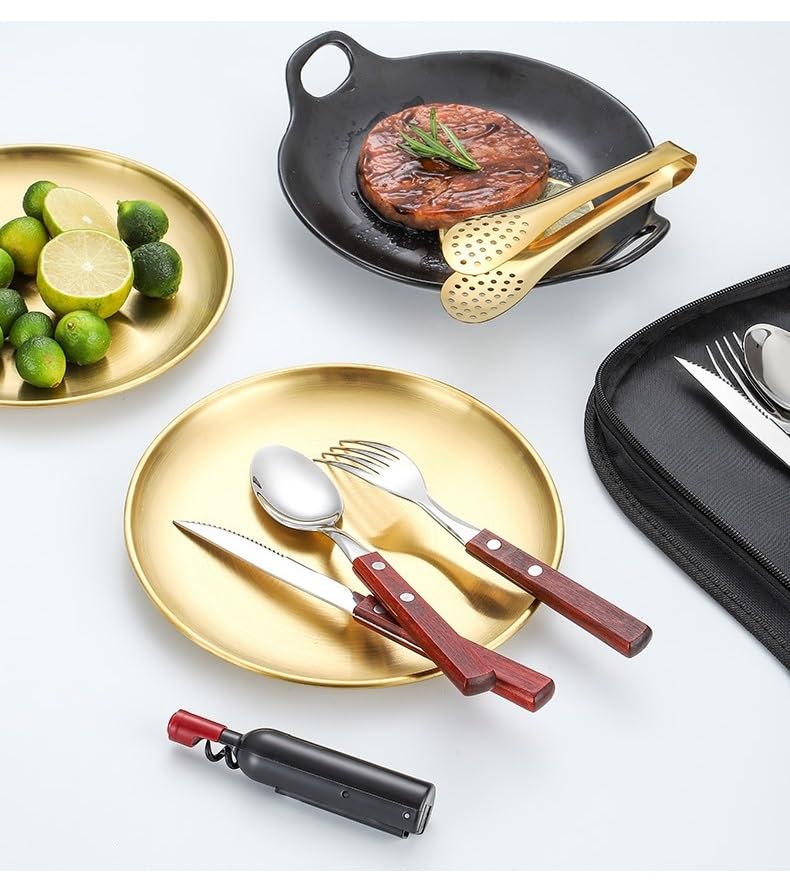 Besteck Set Edelstahl Camping Besteck für Zwei Holzgriff Messer Gabel Löffel Steak Clip Flaschenöffner 12 Stück Outdoor Geschirr