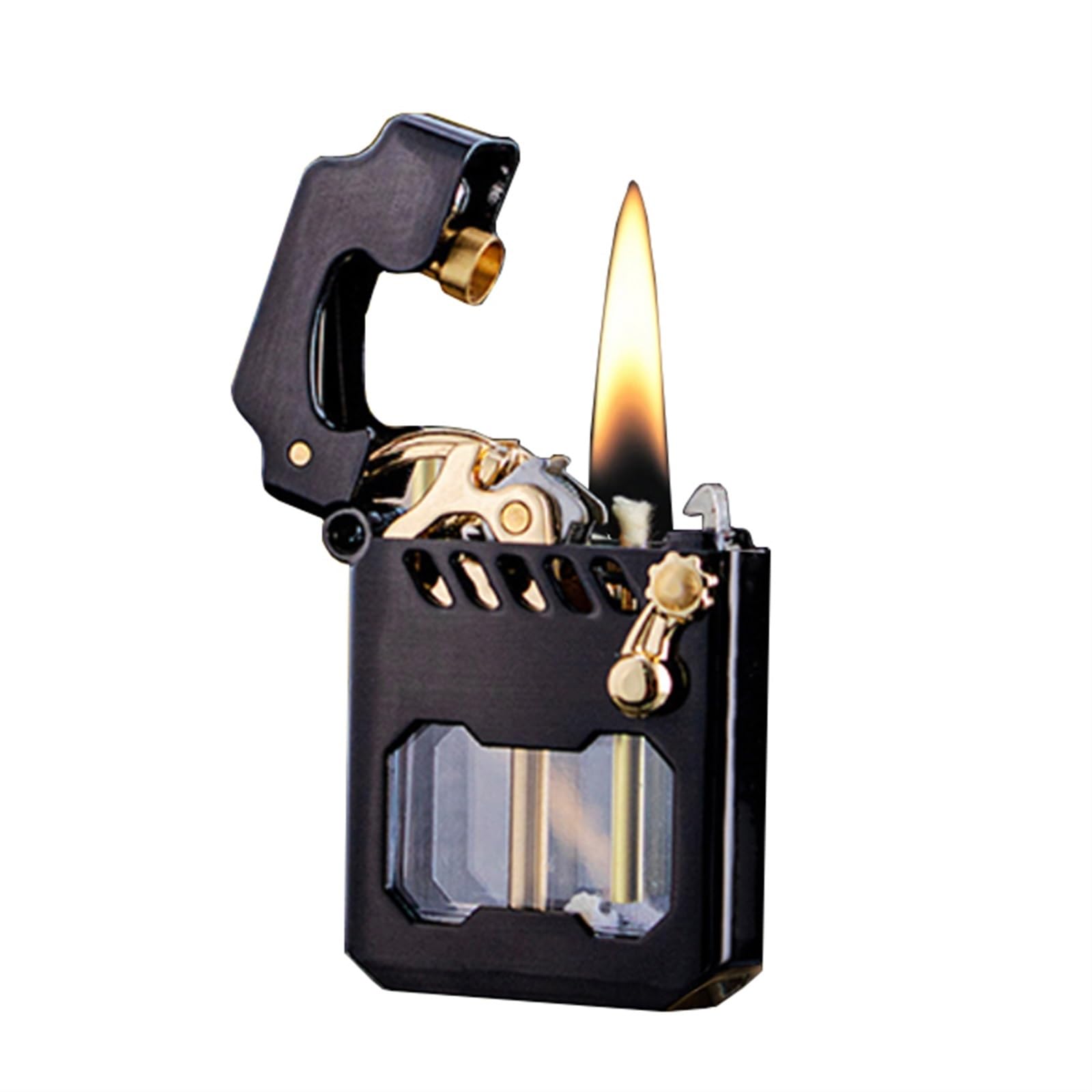 Encendedor de queroseno con brazo basculante, cuerpo transparente y ventana de visualización de combustible, ideal para barbacoa, velas, camping al aire libre, caja de regalo