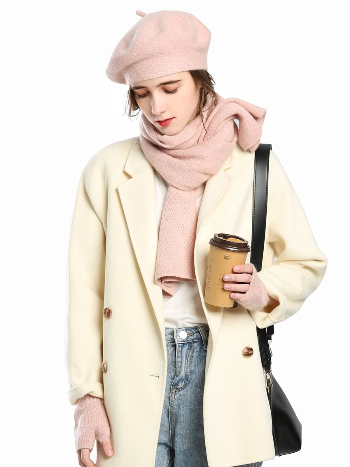 Dajingkj Einfarbige Baskenmütze für Damen, 3-teiliges Hut, Schal, Handschuhe, Set, Mädchen, fingerlose Handschuhe, Baumwolle, Winter-Geschenk-Set