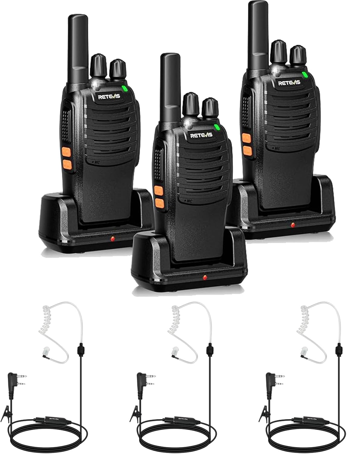Retevis H-777 Walkie Talkies(3 Pack) with AI Active Noise Reduction Walkie Talkie Earpiece(3 Pack), 2 Way Radios Long Range, Portable FRS Two-Way Radios, Short Antenna, LED Flashlight