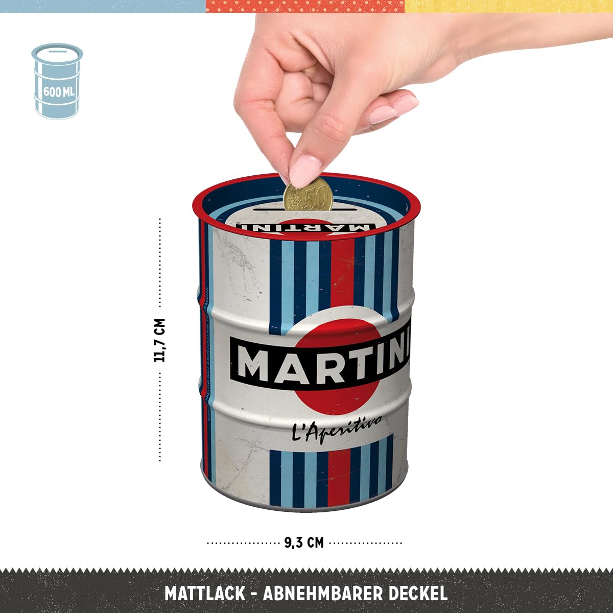 Nostalgic-Art Skarbonka retro, Martini – L'Aperitivo – pomys? na prezent dla fanów koktajli, ?winka skarbonka z metalu, blaszana skarbonka w stylu vintage, 600 ml