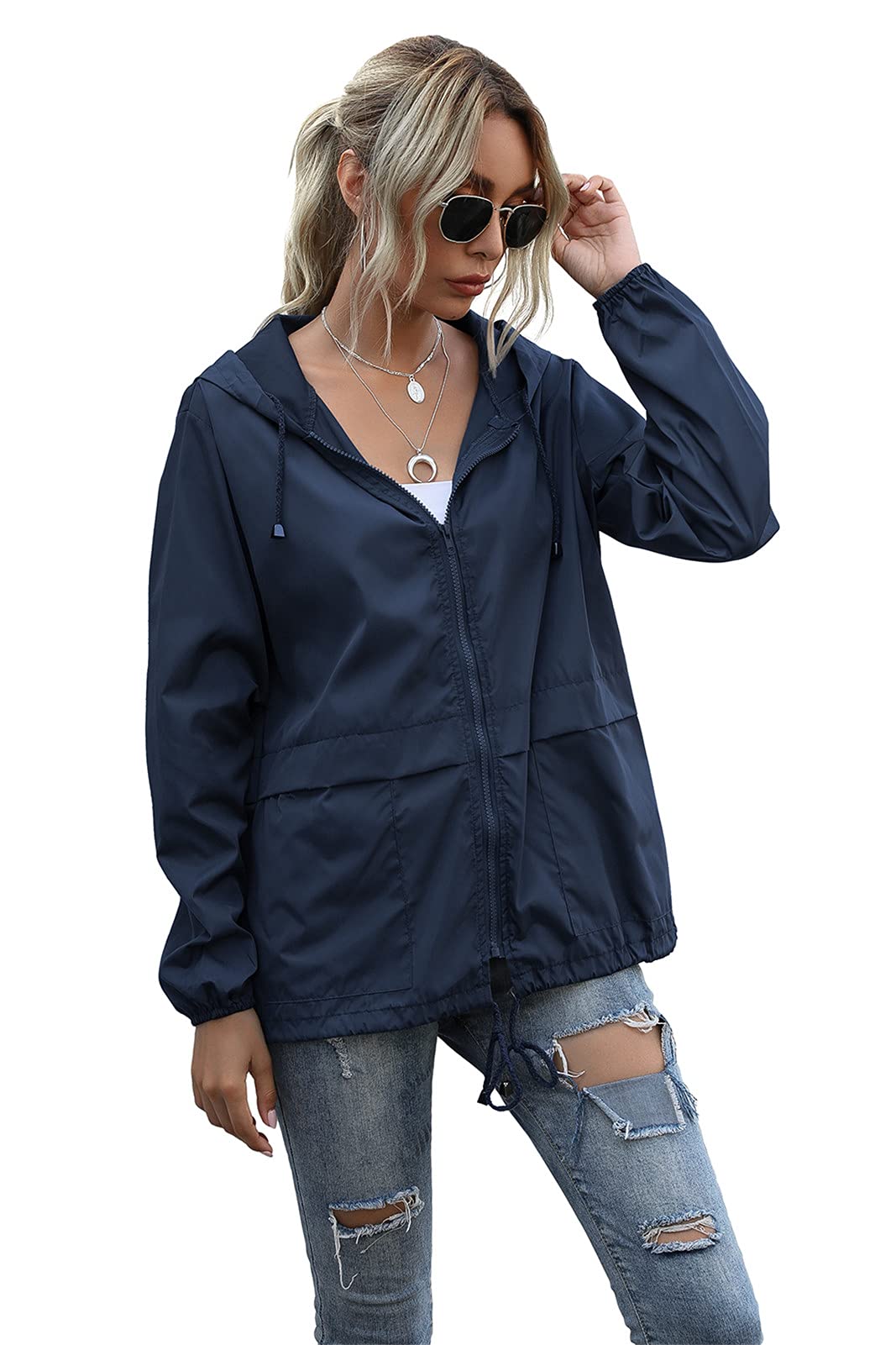 SotRong Veste imperméable légère et pliable pour femme - Coupe-vent - Fermeture éclair - Avec capuche - Séchage rapide - Imperméable