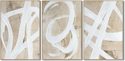 Miniatura 15 de Pintura de Arte de Pared Abstracta Neutra Enmarcada - Decoración de Pared de Lienzo Abstracto Grande con Ilustraciones de Curvas 3D Pintado a Mano