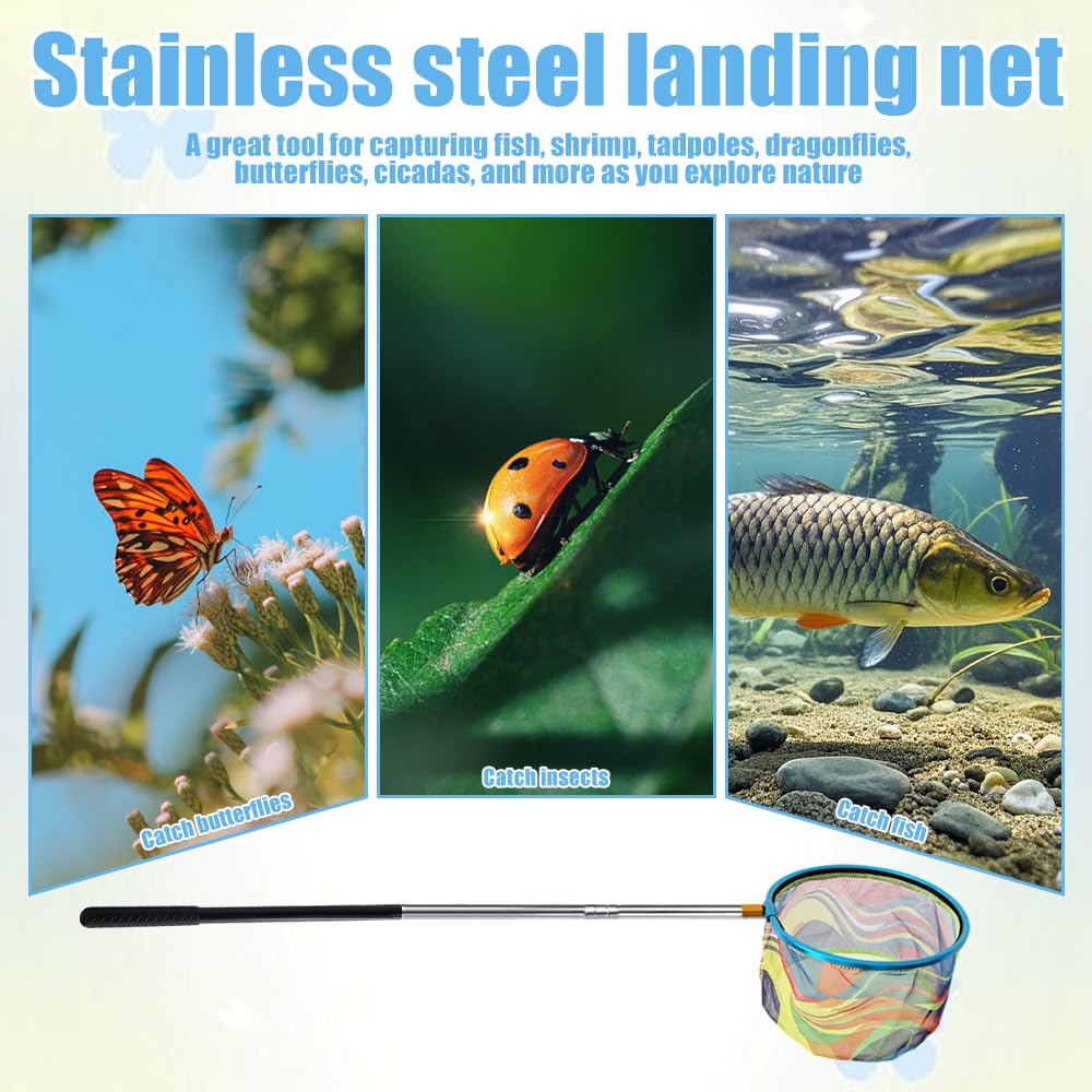 Teleskop Kescher Kinder, Schmetterlingsnetz mit Teleskopstange 66-173 cm Klein Fangnetz Outdoor, Angel Kescher für Kinder Mit Faltbarer Eimer für Insekten Fische Angeln Outdoor Strand Teich