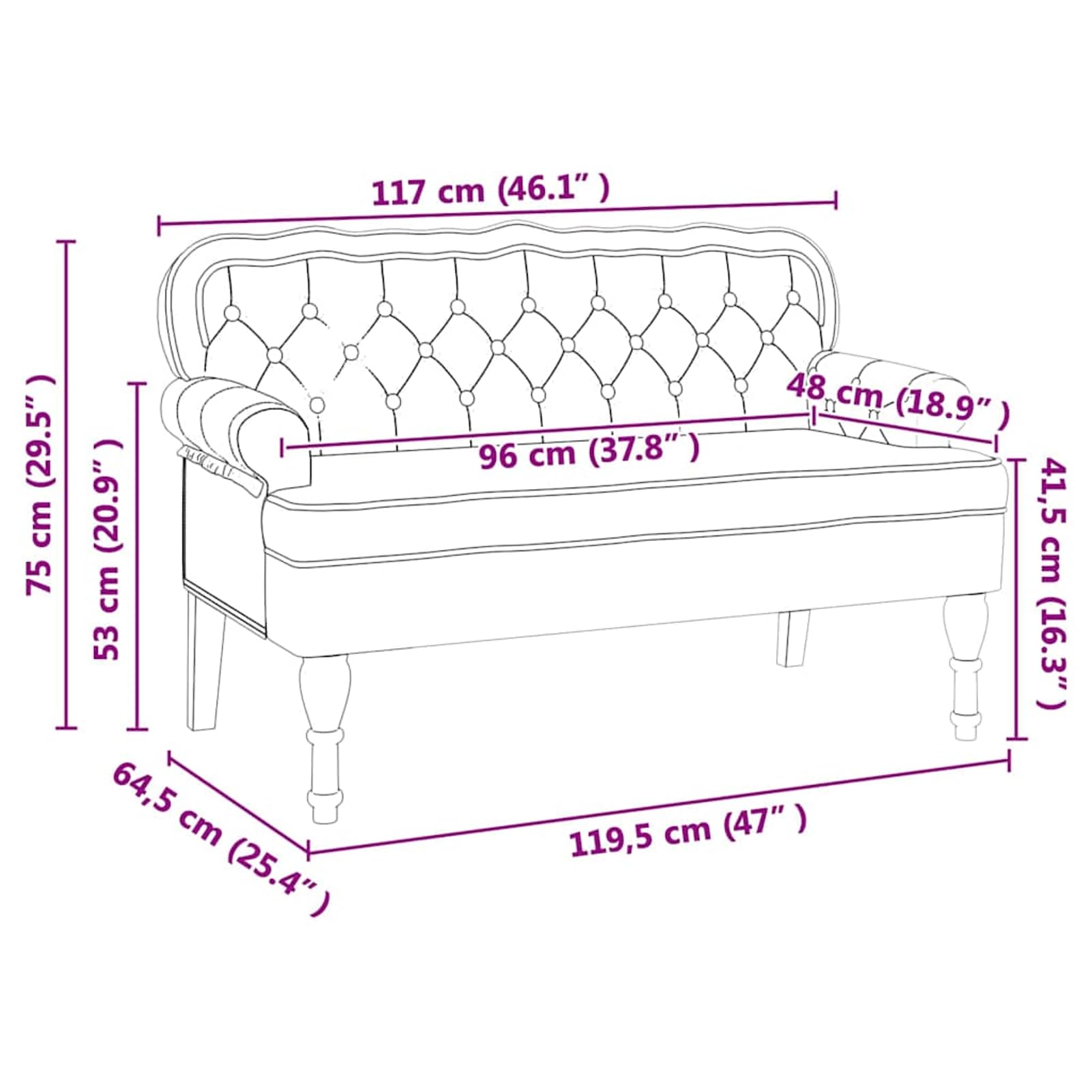 Chesterfield Bank sztuczna skóra biała 119,5 x 64,5 x 75 cm | Wysokiej jakości sztuczna skóra, stabilna rama ze sklejki, powierzchnia odporna na zarysowania, łatwa do czyszczenia