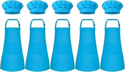 Miniatura 27 de Conjunto de Delantal y Gorro de Chef para Niños, Delantal Infantil Ajustable con 2 Bolsillos, para Niños Chef y Pintura, Cocinar, Hornear Azul
