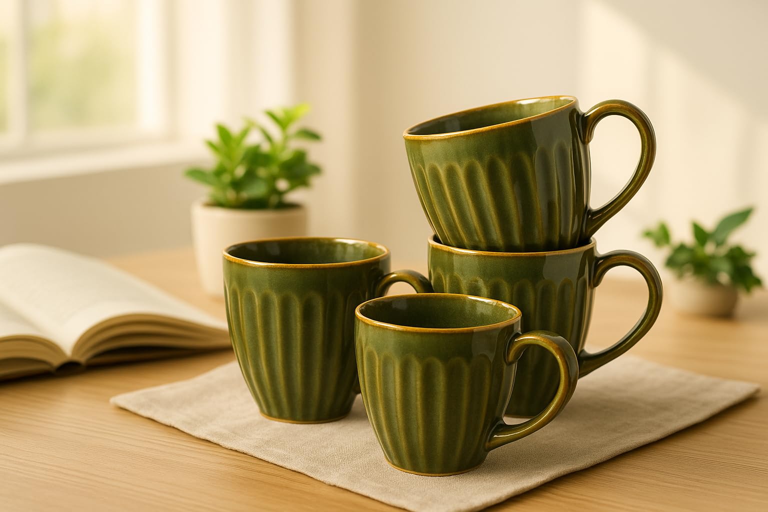 SPHINX Ceramic Coffee Mug Set of 4, 300 ml – Handmade Green Cups for Coffee, Tea, Milk & Hot Beverages | Cups for Home, Kitchen, Office, Café & Gift Use | Microwave Safe, Dishwasher Safe, Lead- Mugs