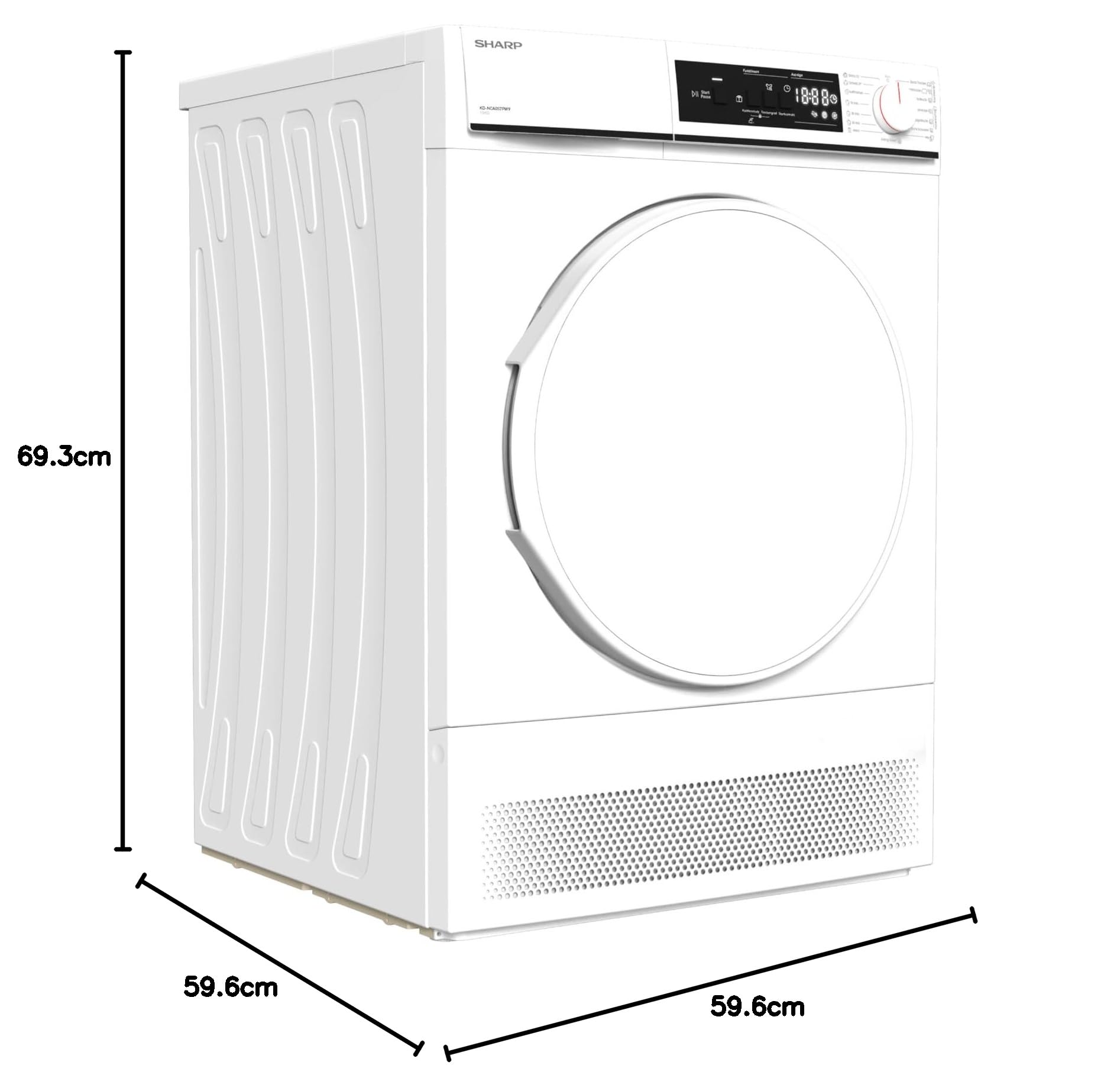 Sharp KD-NCA0S7PW9-DE Kondenstrockner Frontlader, 10 kg, 15 Programme, 29 Min. Kurzprogramm, Schontrommel, LED-Innenbeleuchtung, Kindersicherung, Weiß