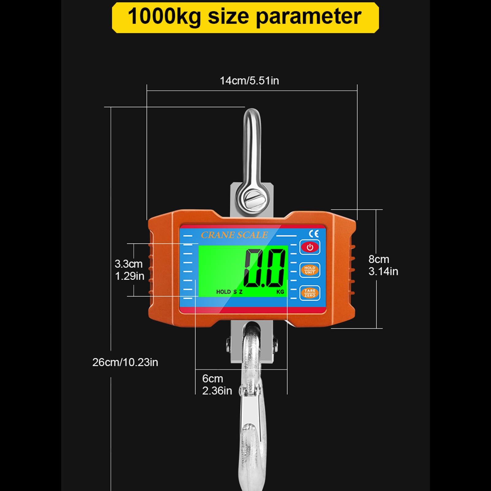 Luocute Digitale Kranwaage, 1000 Kg/2200 Lbs, Robuster Haken aus Aluminiumlegierung mit LCD-Hintergrundbeleuchtung und Einheitenwechsel, für die Industrielle Landwirtschaft, den Bau und (1000KG)