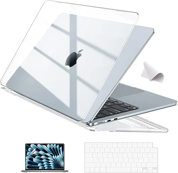EooCoo Case Compatible with MacBook Air 13.6 inch M4 2025 2024-2022 M3 M2 A3240 A3113 A2681, Hard Shell Case + Keyboard Cover + Polishing Cloth + Screen Protector for Mac Air 13 - Crystal Clear