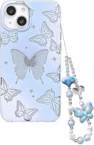 Abbery Funda diseñada para iPhone 1314, con brillantina, bonita transparente, con diseño de mariposa con correa para la muñeca, color morado y azul
