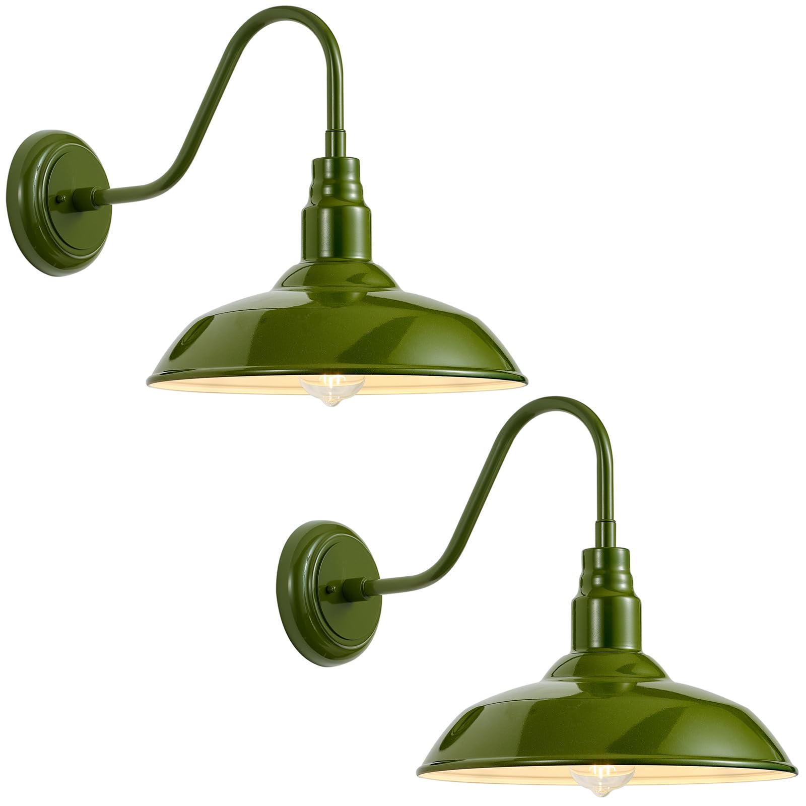 14 Inch Dome Outdoor Gooseneck Barn Lights Olive Green Farmhouse Exterior Wall Lights for Porch, 2Pack Patio Barn Style Wall Mount Gooseneck Lighting for House, Garage